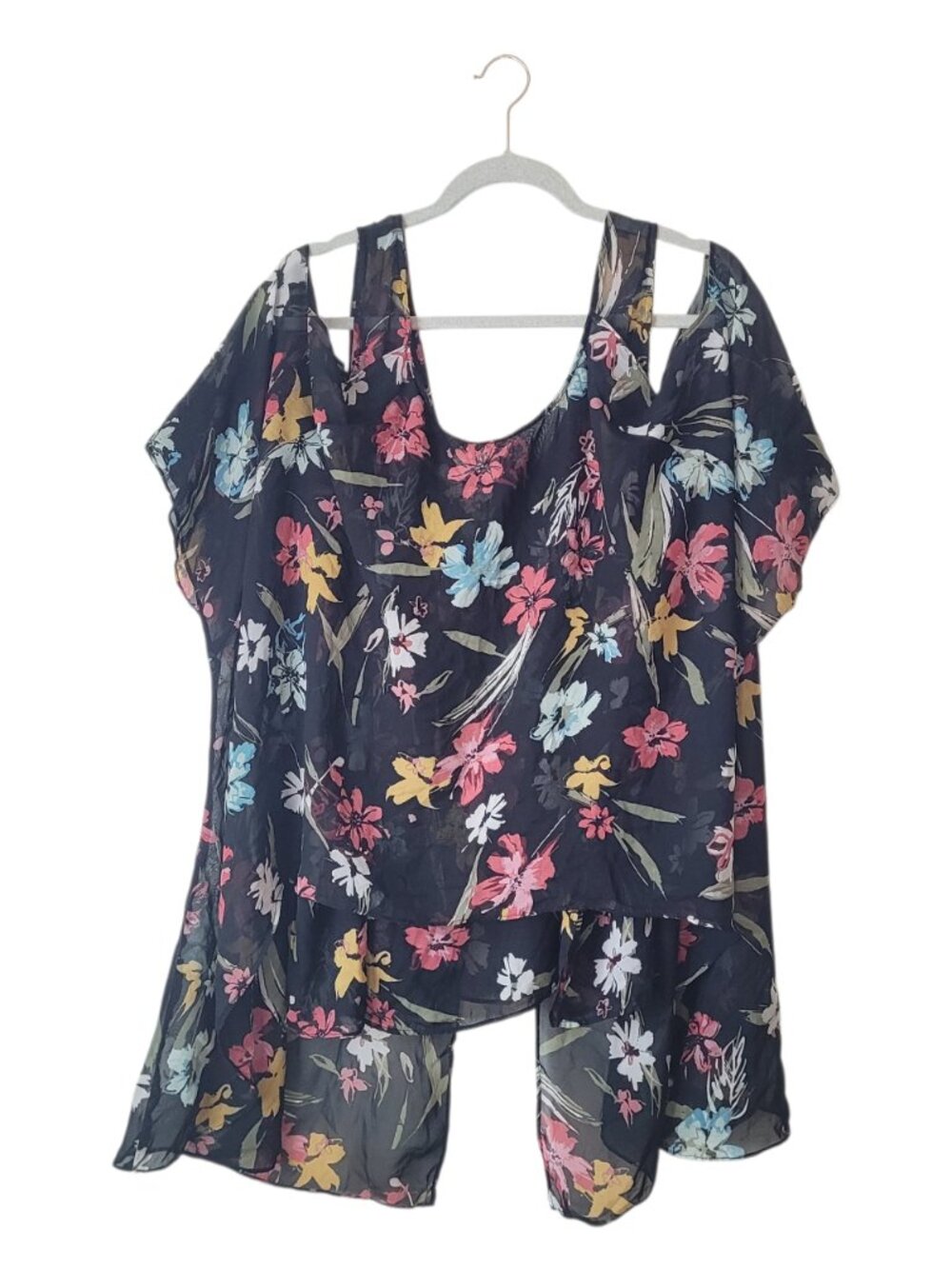 Lane Bryant Sheer Black Floral Cold Shoulder Flowy Pullover Blouse